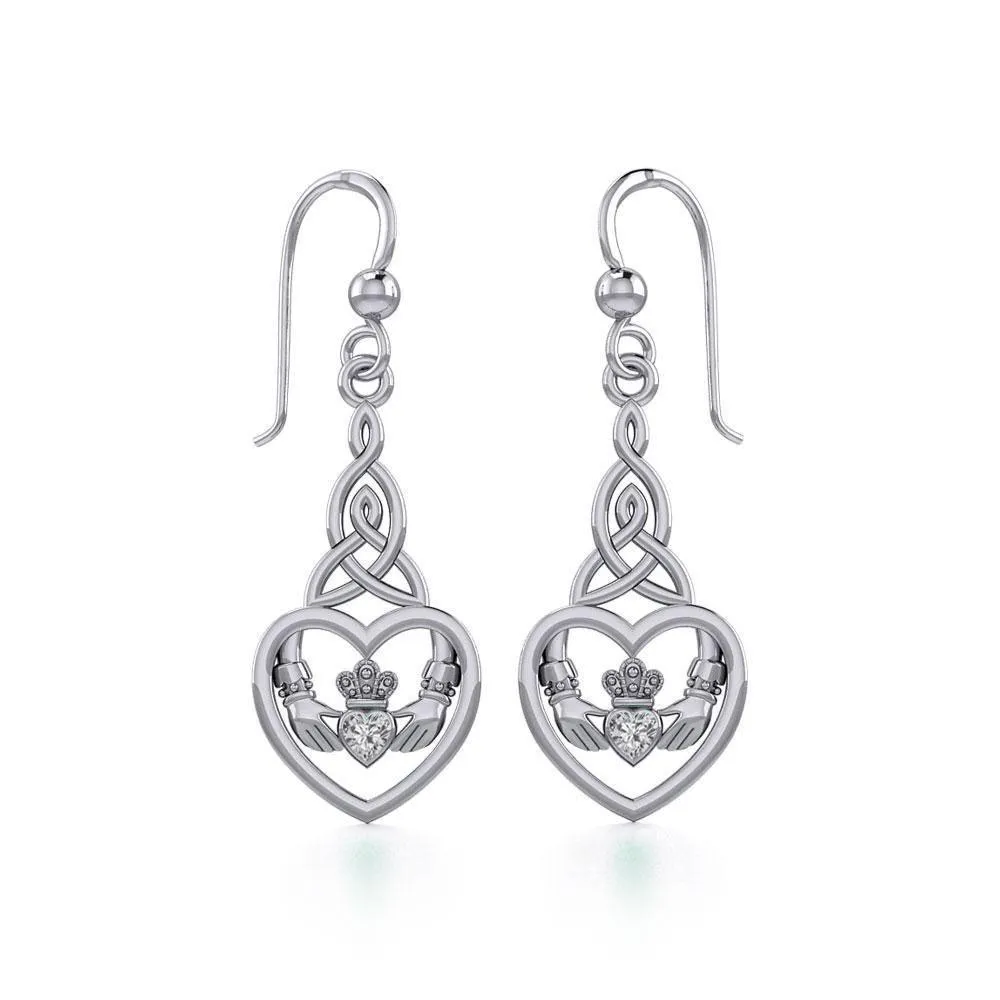 Heart Claddagh with Celtic Trinity Knot Silver Earrings with Gemstone TER1882