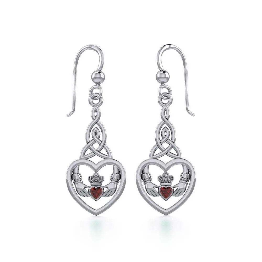 Heart Claddagh with Celtic Trinity Knot Silver Earrings with Gemstone TER1882
