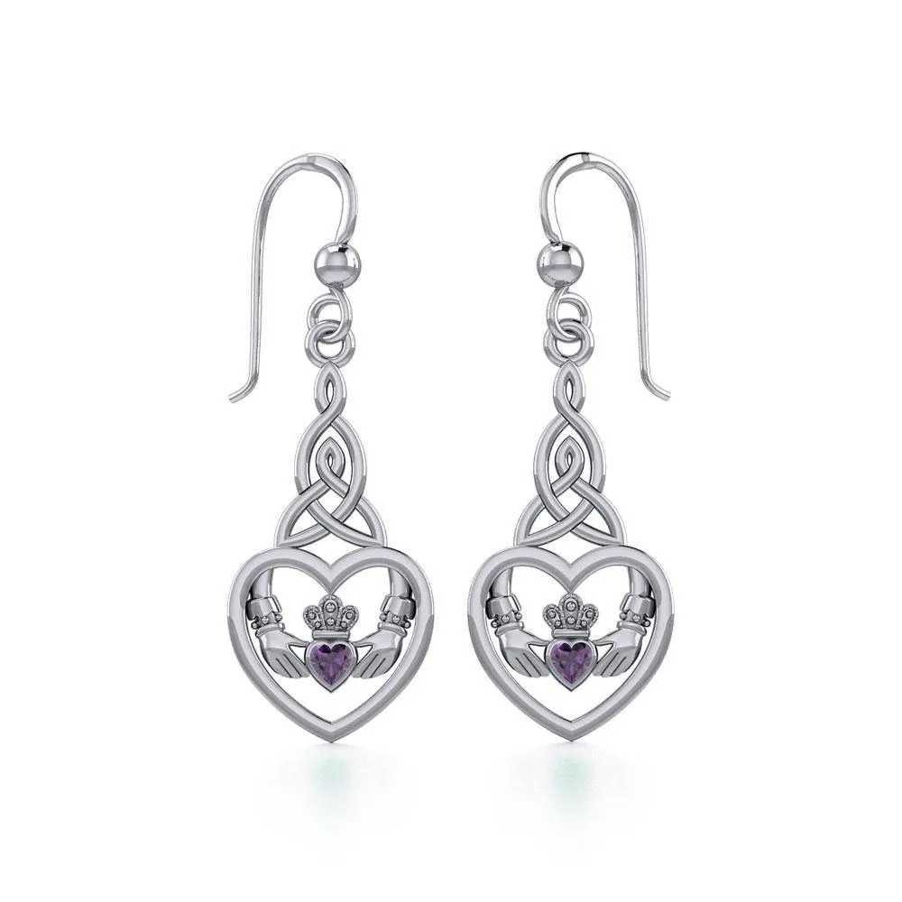 Heart Claddagh with Celtic Trinity Knot Silver Earrings with Gemstone TER1882