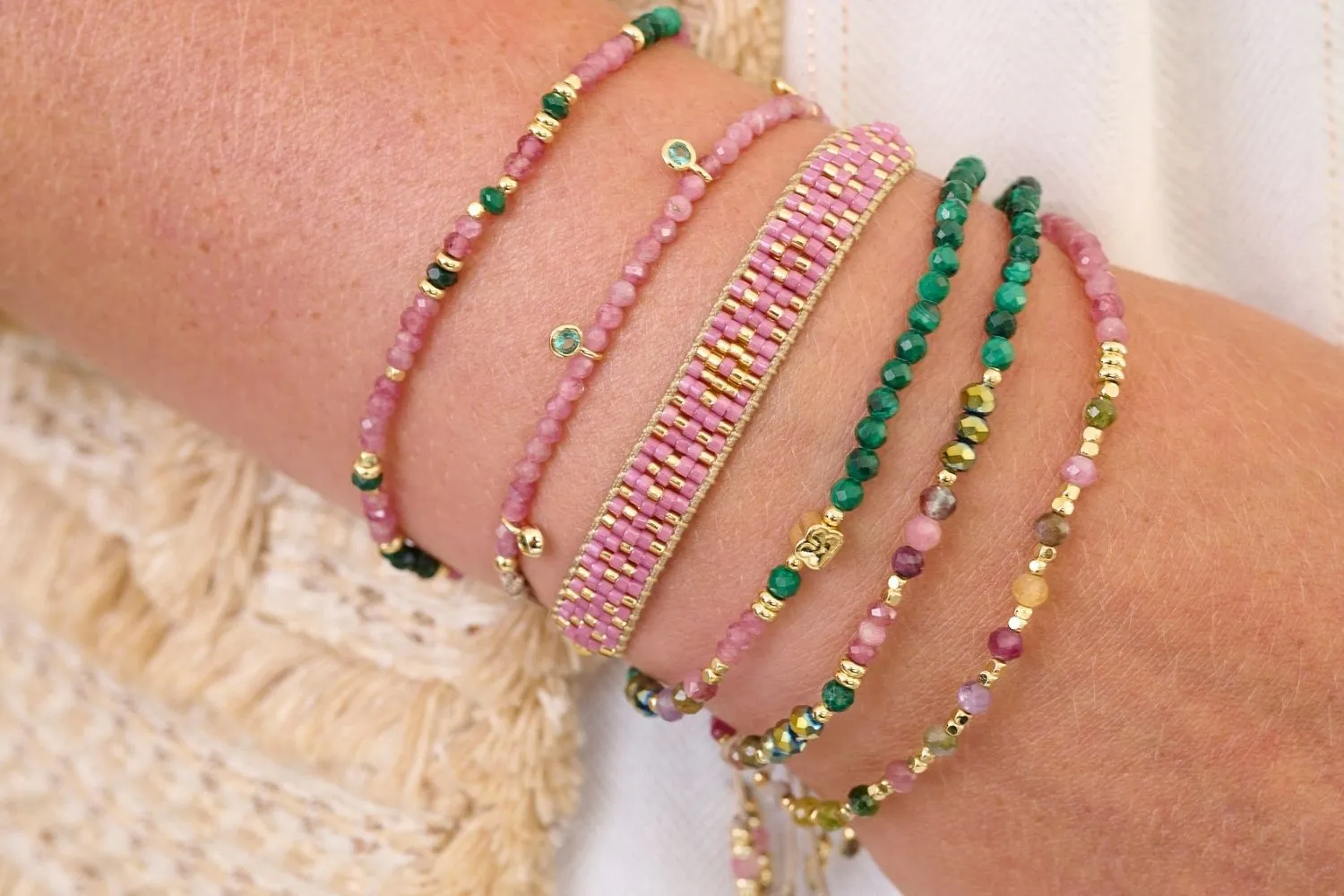 Holly Gold & Pink Tourmaline Beaded Charm Bracelet