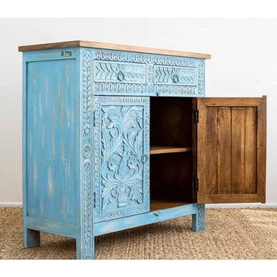 Indian Floral Carved Solid Wood Cabinet In Blue Colour