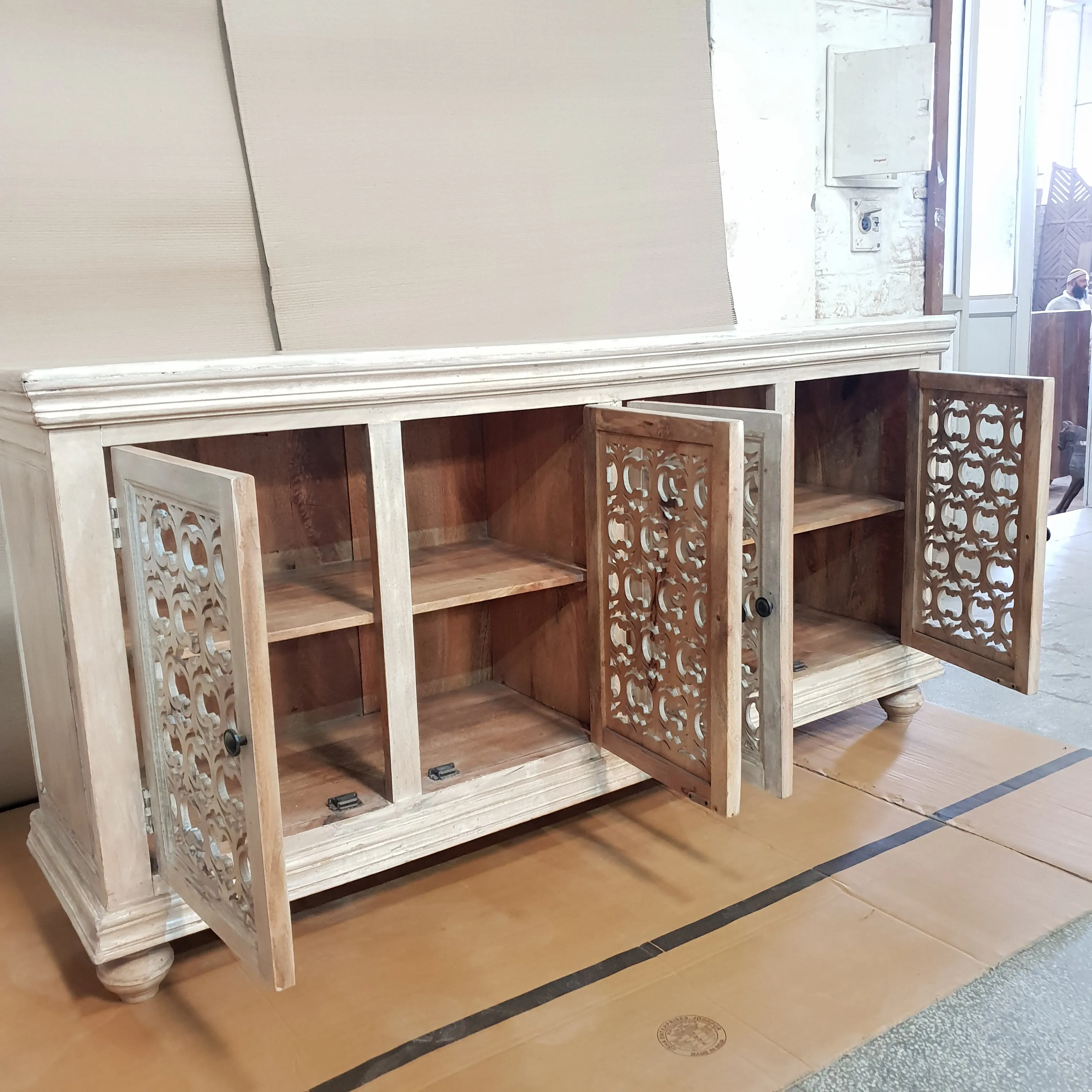 Indian Furniture Handmade Solid Wood Sideboard White Rustic Carved Jali Doors 184x46x96cm