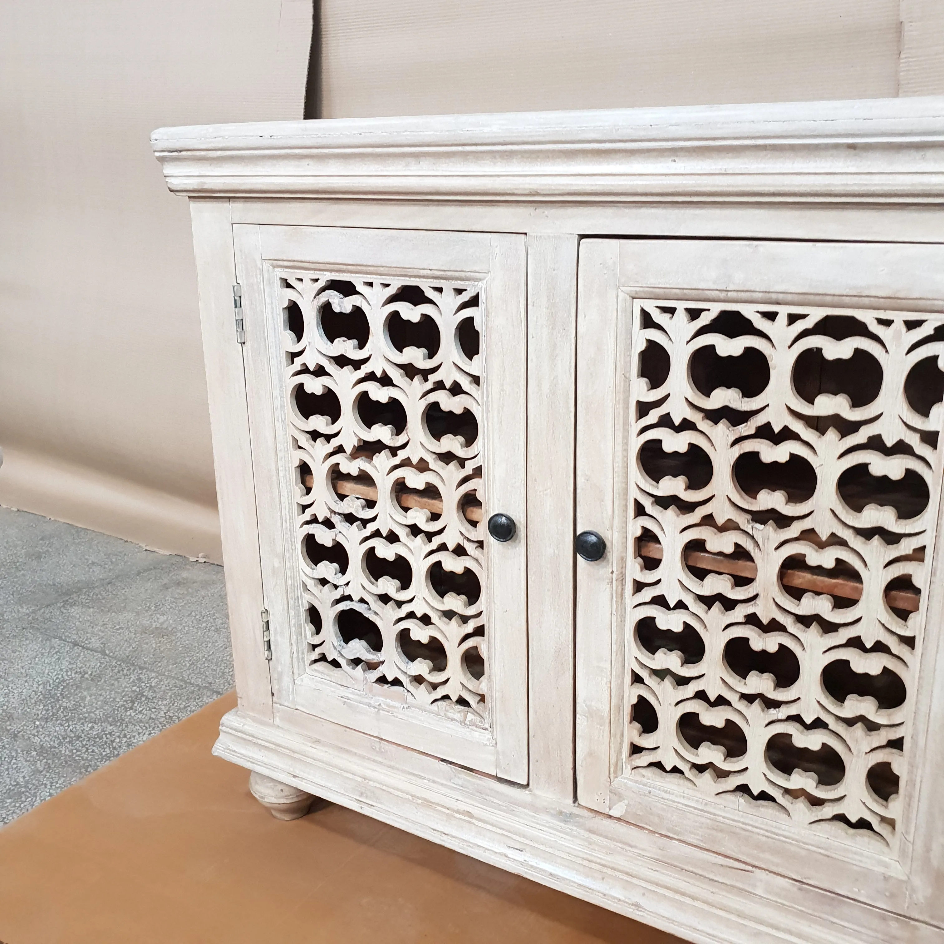 Indian Furniture Handmade Solid Wood Sideboard White Rustic Carved Jali Doors 184x46x96cm