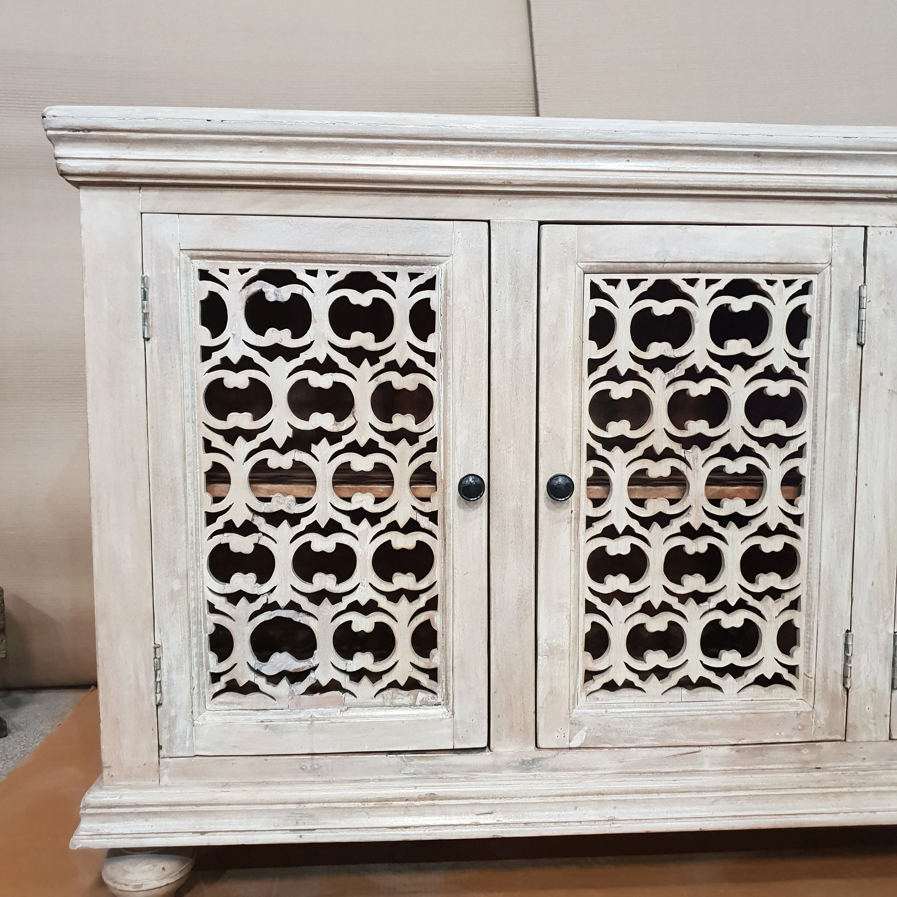 Indian Furniture Handmade Solid Wood Sideboard White Rustic Carved Jali Doors 184x46x96cm