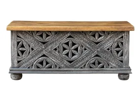 Indian Hand Floral Carved Solid Wooden Chest Blanket Box Storage Blackwash 100×45×45cm