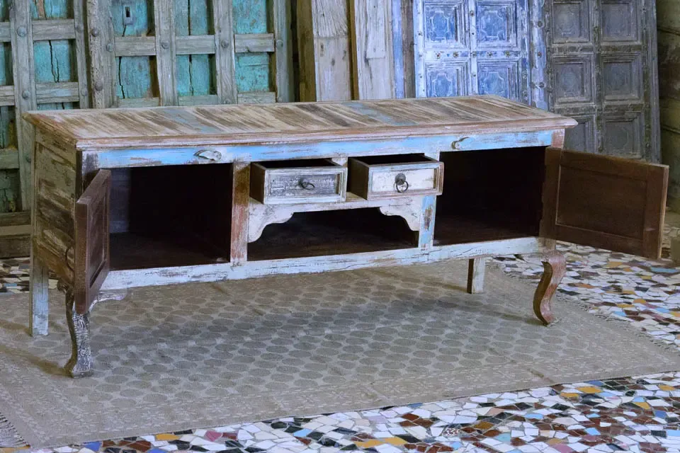 Indian Hand French Arched Solid Wooden Entertainment TV Unit Plasma Bluewash 147×43×61cm