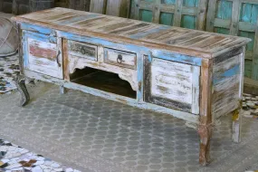 Indian Hand French Arched Solid Wooden Entertainment TV Unit Plasma Bluewash 147×43×61cm