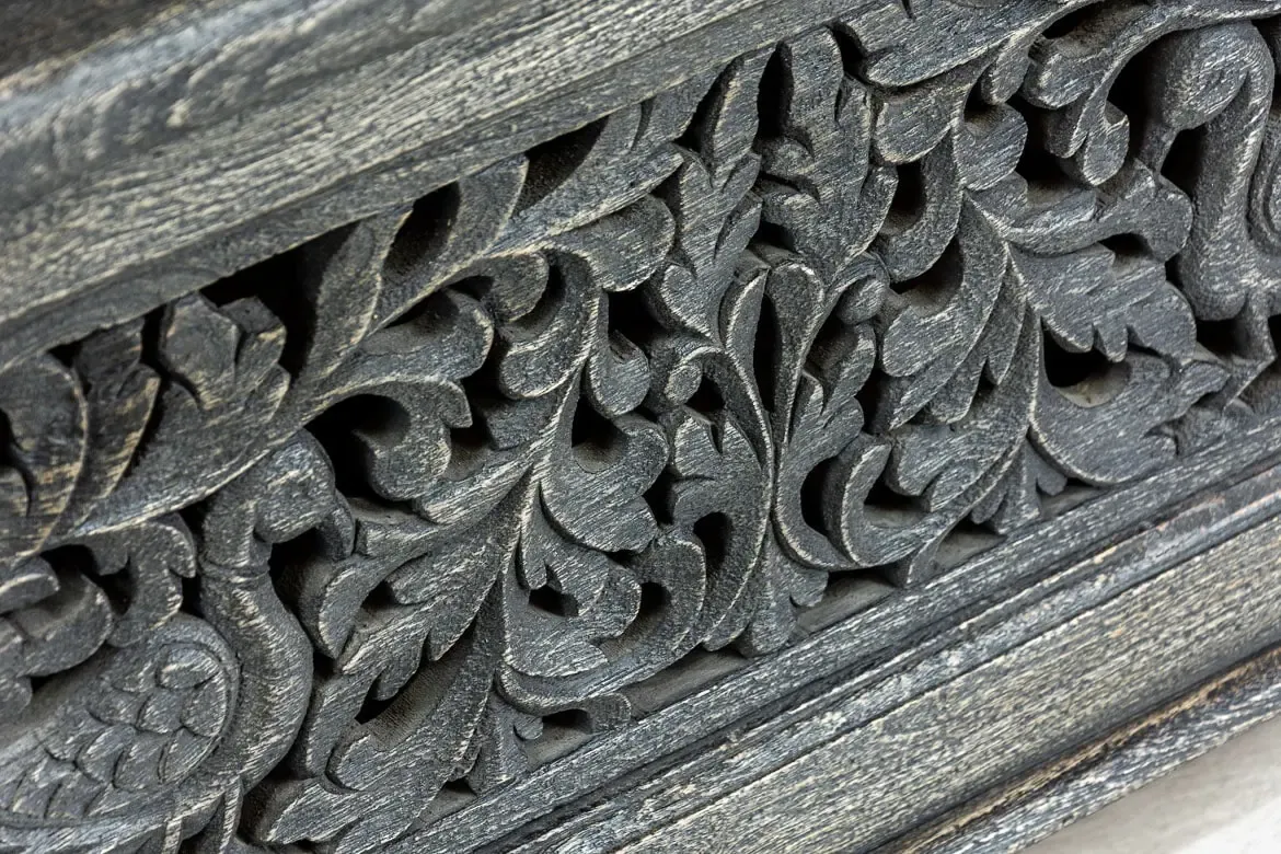 Indian Hand Jali Floral Carved Solid Wooden Chest Blanket Box Storage Solid Blackwash 88×43×50cm