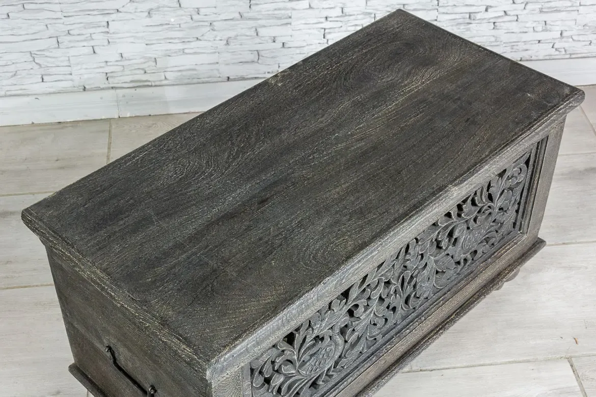 Indian Hand Jali Floral Carved Solid Wooden Chest Blanket Box Storage Solid Blackwash 88×43×50cm