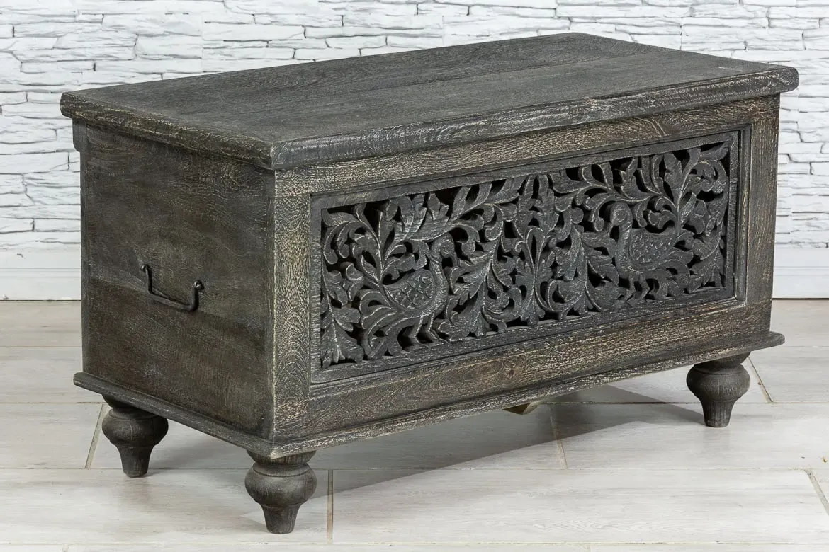 Indian Hand Jali Floral Carved Solid Wooden Chest Blanket Box Storage Solid Blackwash 88×43×50cm