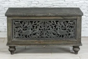 Indian Hand Jali Floral Carved Solid Wooden Chest Blanket Box Storage Solid Blackwash 88×43×50cm