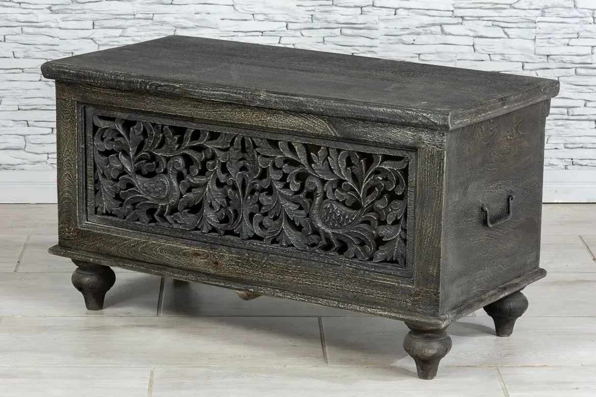 Indian Hand Jali Floral Carved Solid Wooden Chest Blanket Box Storage Solid Blackwash 88×43×50cm