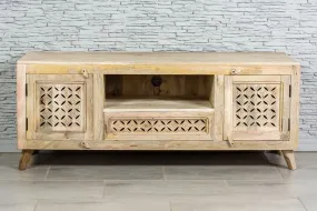 Indian Hand Mandala Jali Carved Solid Wooden Entertainment TV Unit Plasma Natural 150x41x60cm