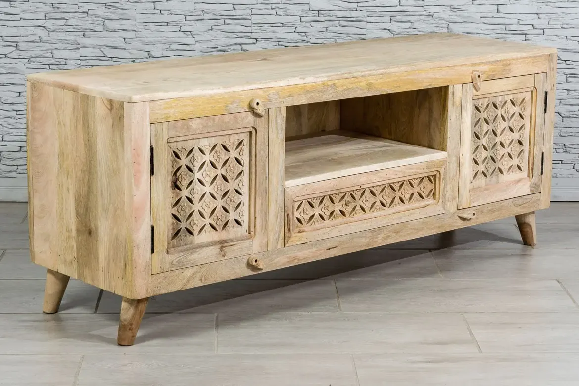 Indian Hand Mandala Jali Carved Solid Wooden Entertainment TV Unit Plasma Natural 150x41x60cm