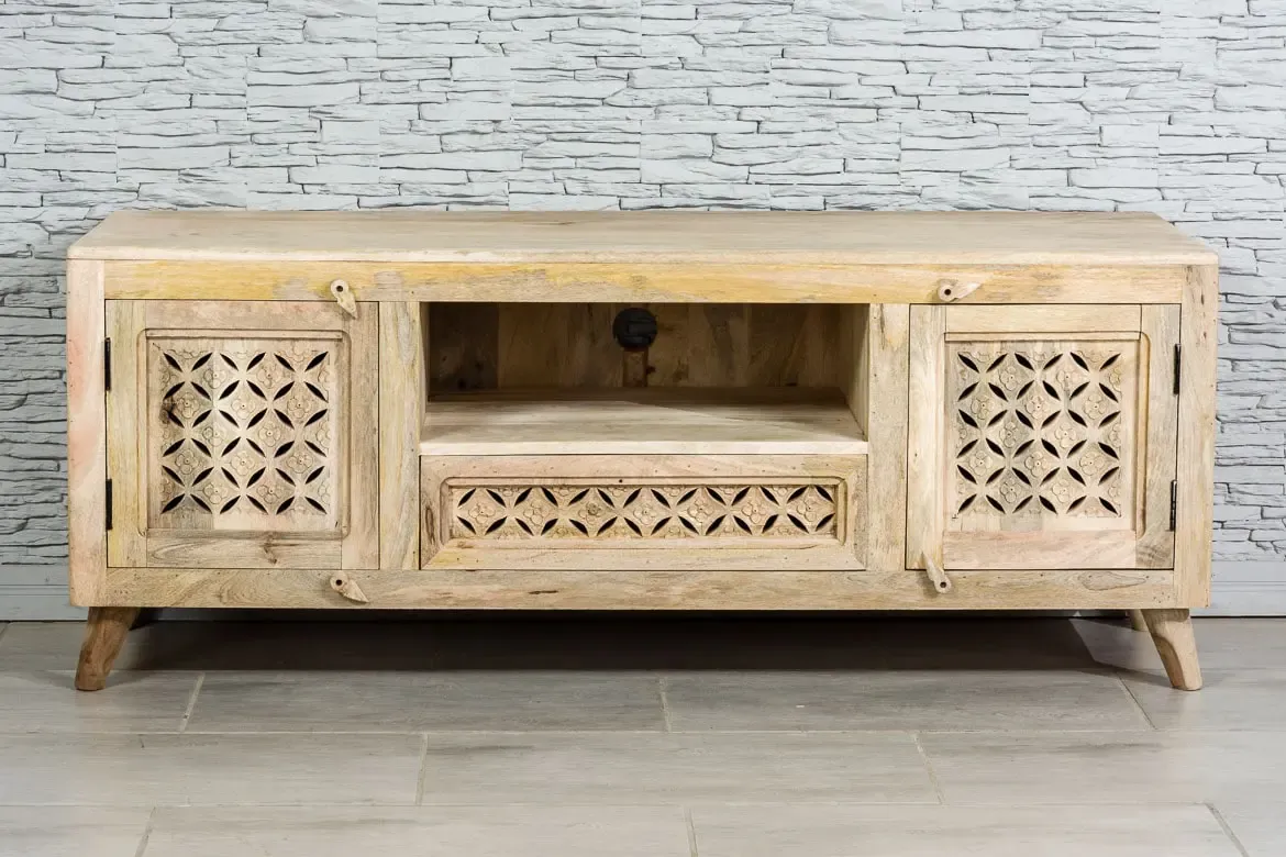 Indian Hand Mandala Jali Carved Solid Wooden Entertainment TV Unit Plasma Natural 150x41x60cm