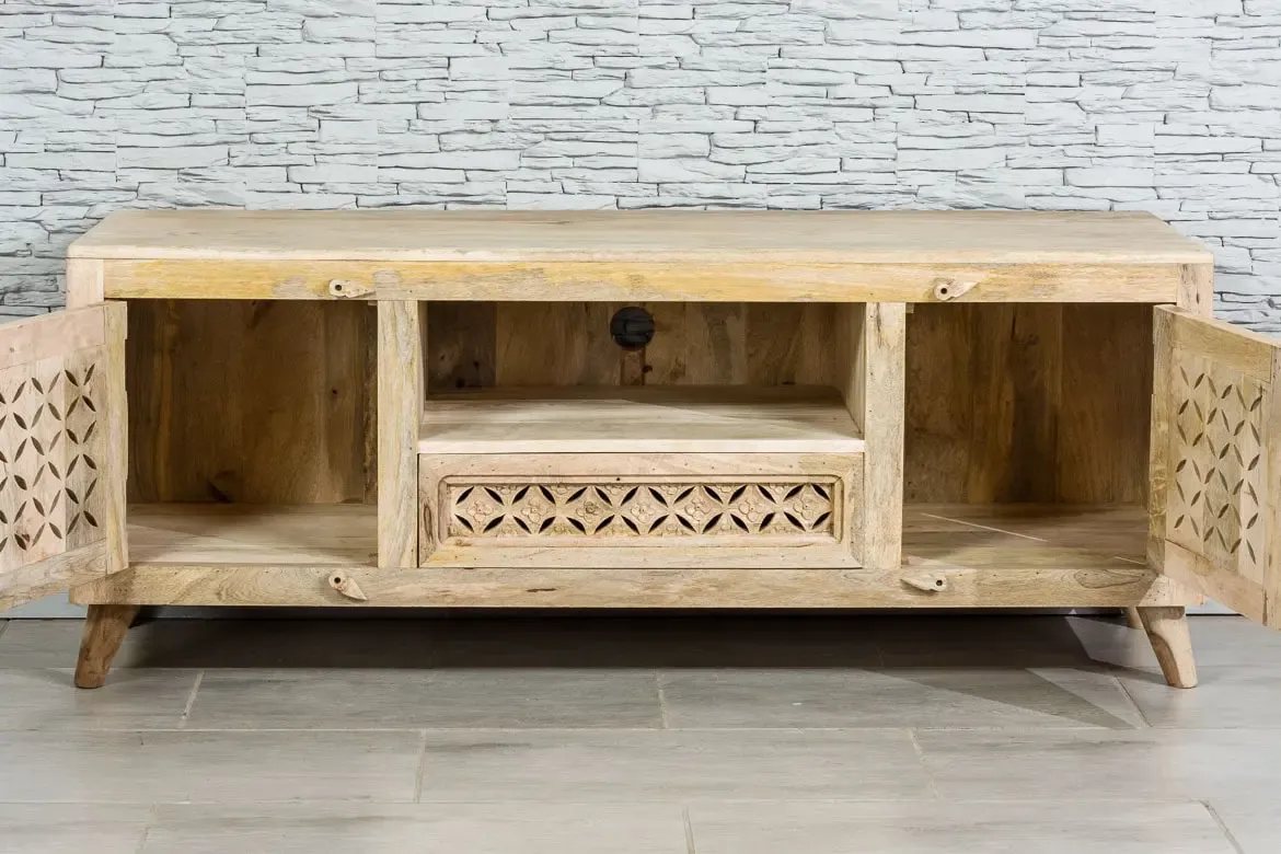 Indian Hand Mandala Jali Carved Solid Wooden Entertainment TV Unit Plasma Natural 150x41x60cm