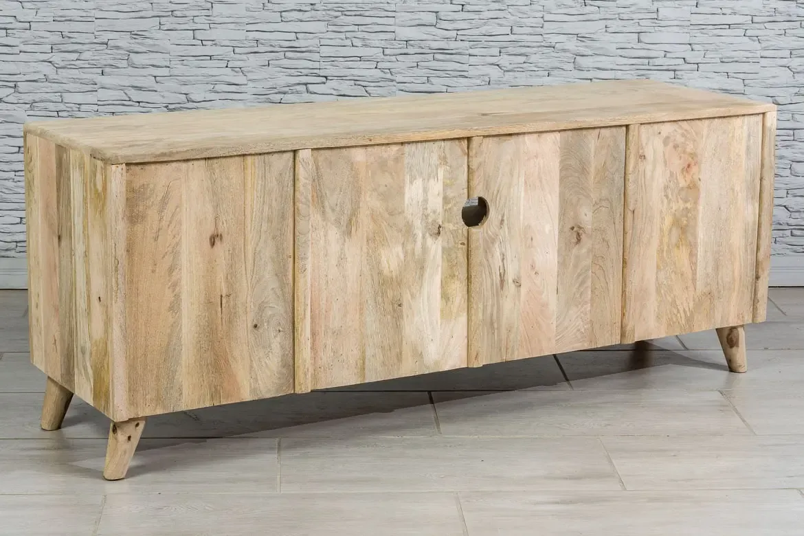 Indian Hand Mandala Jali Carved Solid Wooden Entertainment TV Unit Plasma Natural 150x41x60cm
