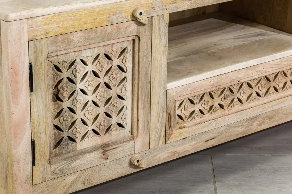 Indian Hand Mandala Jali Carved Solid Wooden Entertainment TV Unit Plasma Natural 150x41x60cm