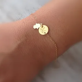 Initial disc tiny hamsa charm gold bracelet