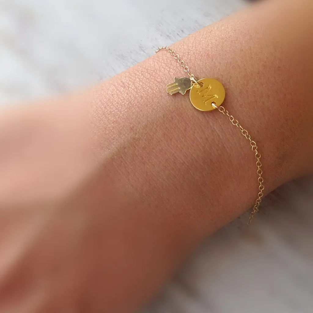 Initial disc tiny hamsa charm gold bracelet
