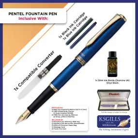 KSG set - Pentel PREMIUM Sterling Fountain Pen SET - Sapphire (Blue) - Medium (M) - (with KSGILLS Premium Gift Box)