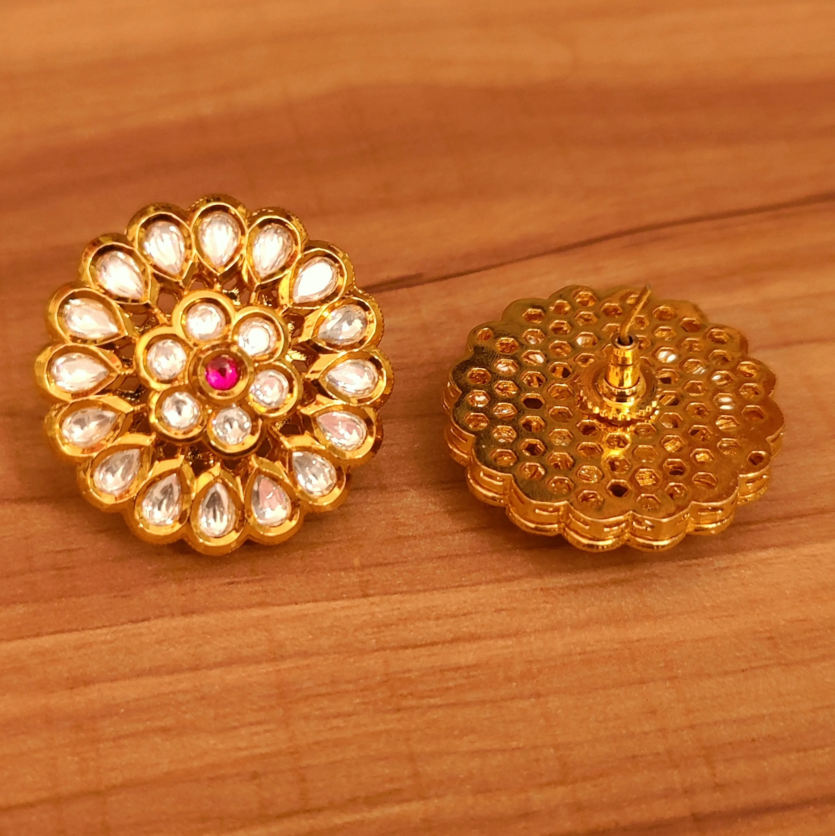 KUNDAN FLOWER LOOK GOLD PLATED BIG STUDS