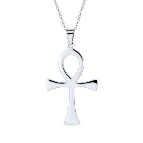 Large Key To Life Egyptian Ankh Cross Pendant Necklace Sterling Silver for Men