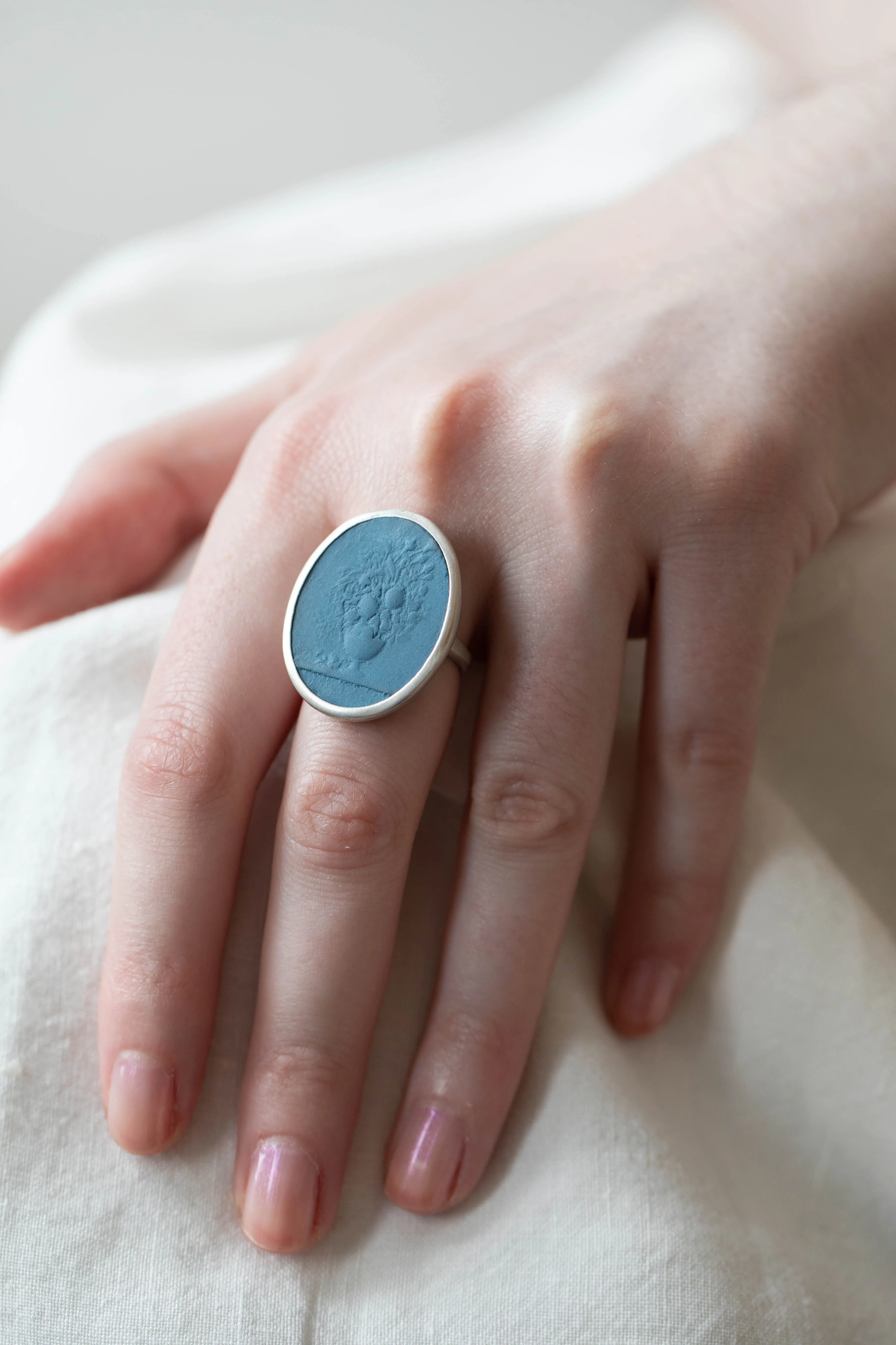 Marcie McGoldrick | Porcelain Cameo Ring- Vase with Flowers in Indigo