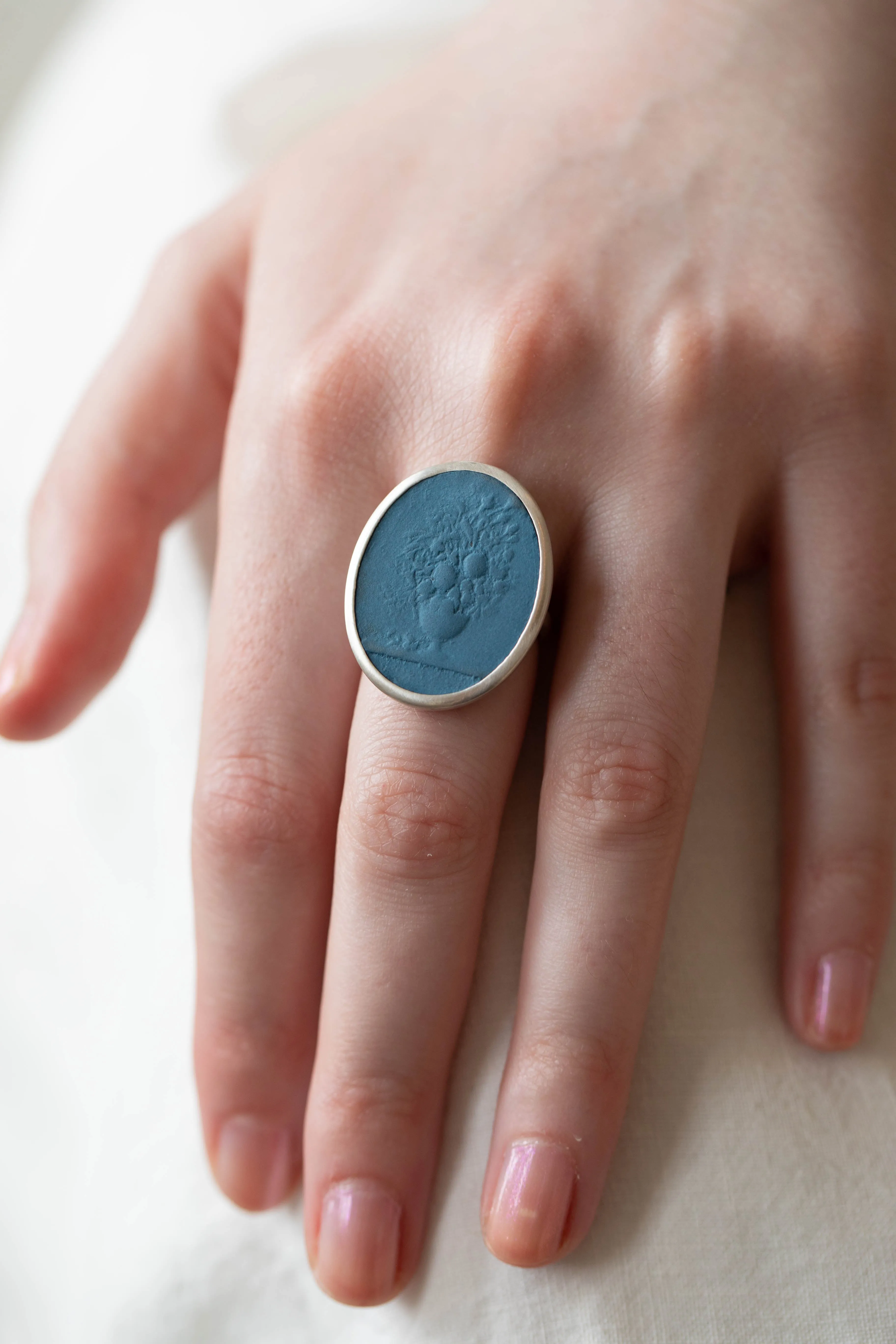 Marcie McGoldrick | Porcelain Cameo Ring- Vase with Flowers in Indigo