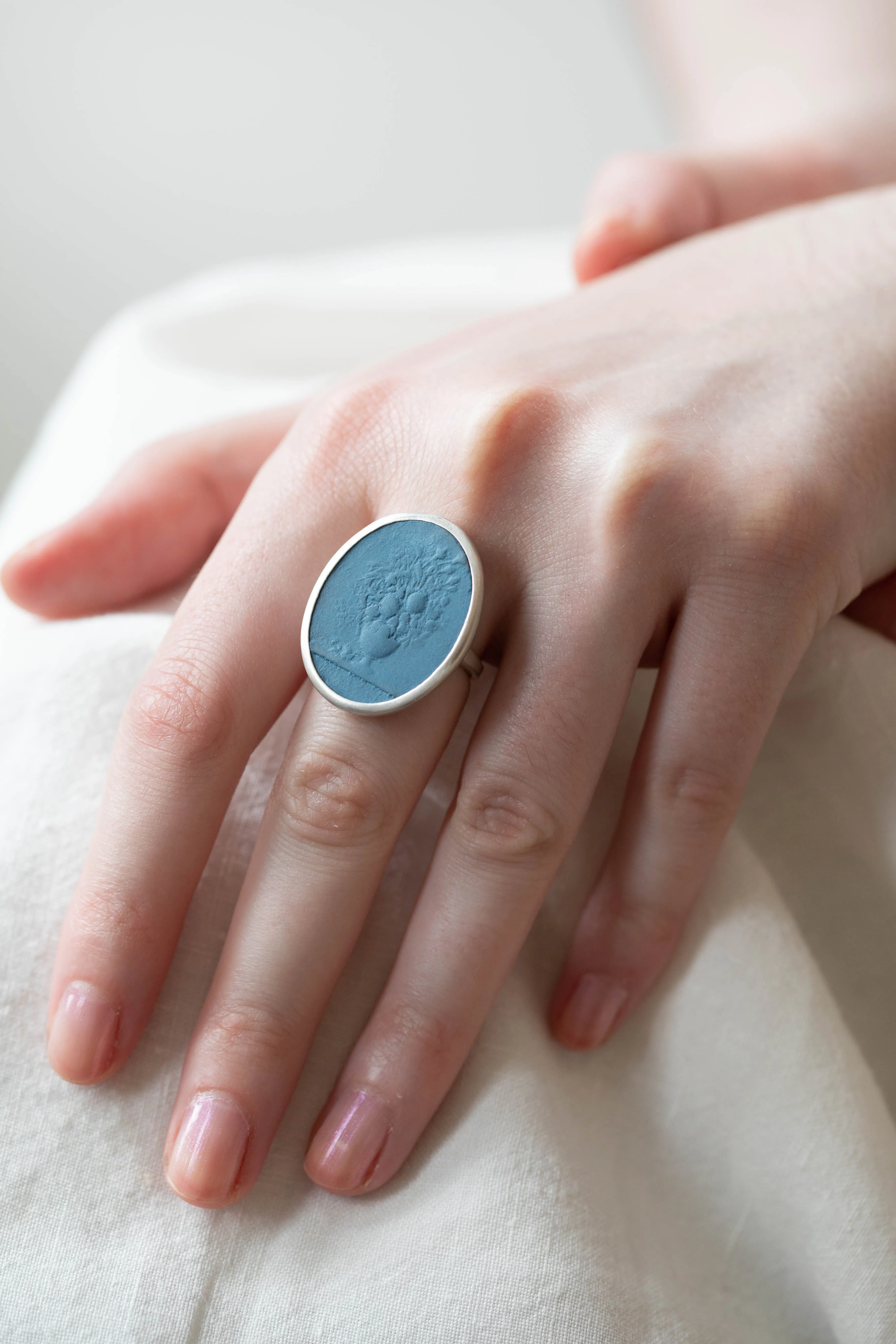 Marcie McGoldrick | Porcelain Cameo Ring- Vase with Flowers in Indigo