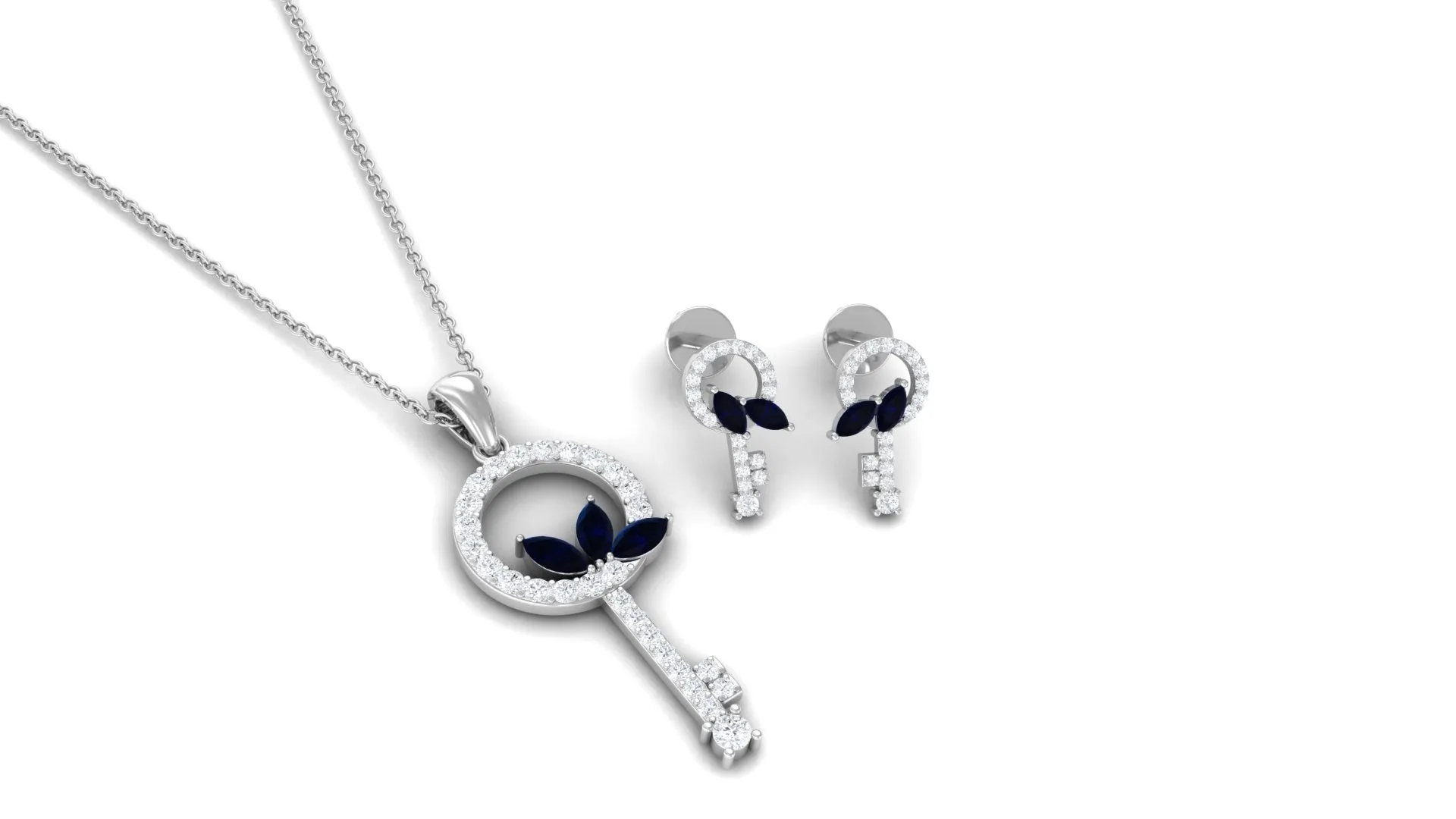 Marquise Cut Blue Sapphire and Diamond Key Pendant and Earrings