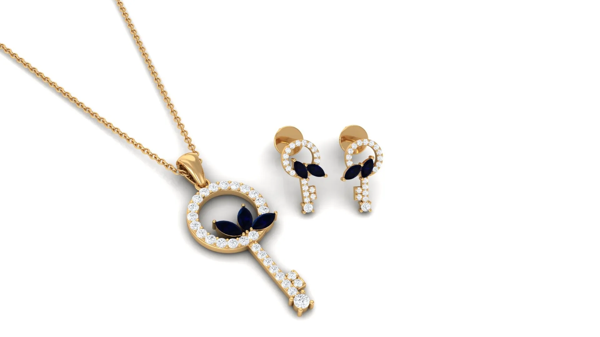 Marquise Cut Blue Sapphire and Diamond Key Pendant and Earrings