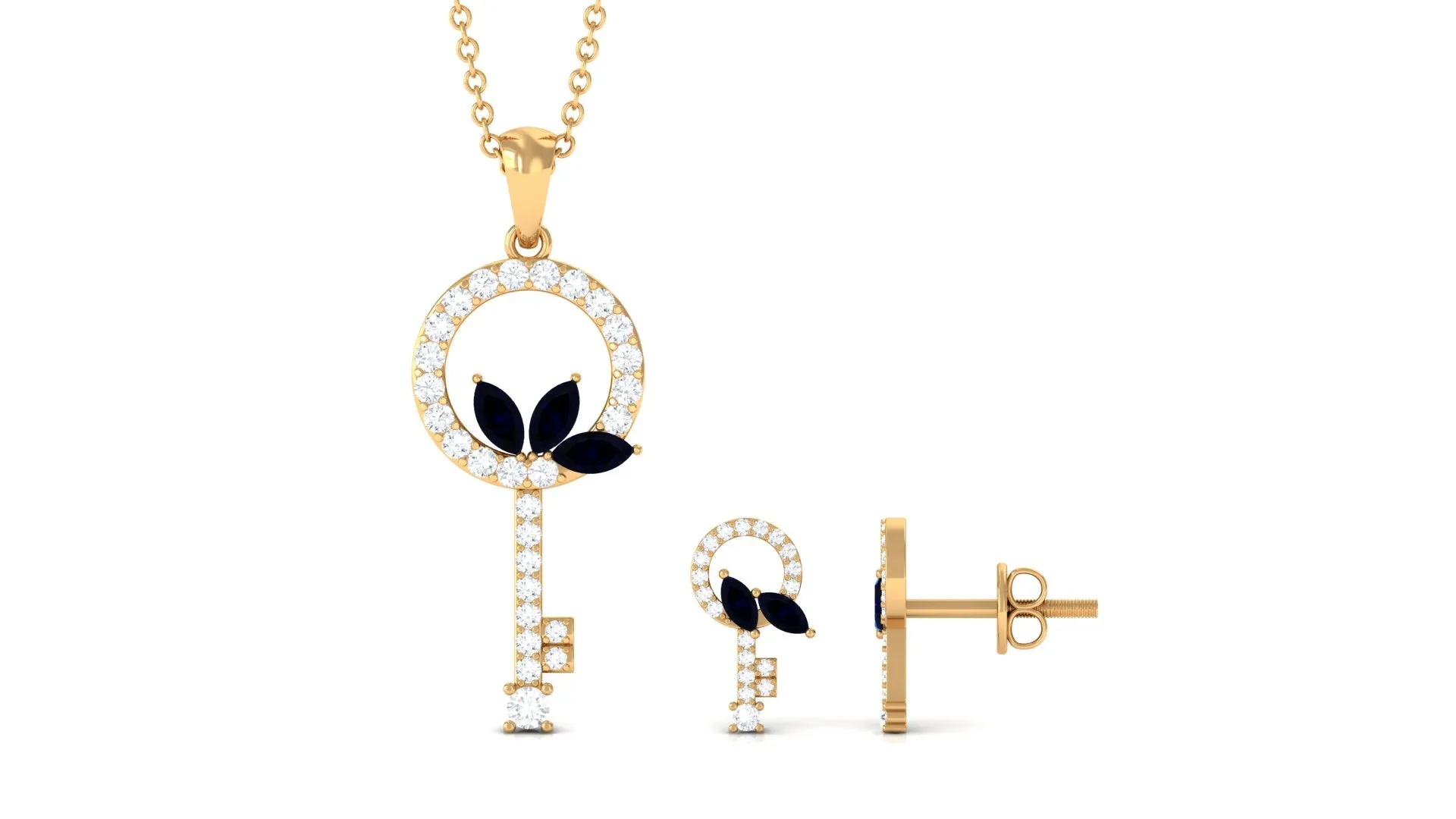 Marquise Cut Blue Sapphire and Diamond Key Pendant and Earrings
