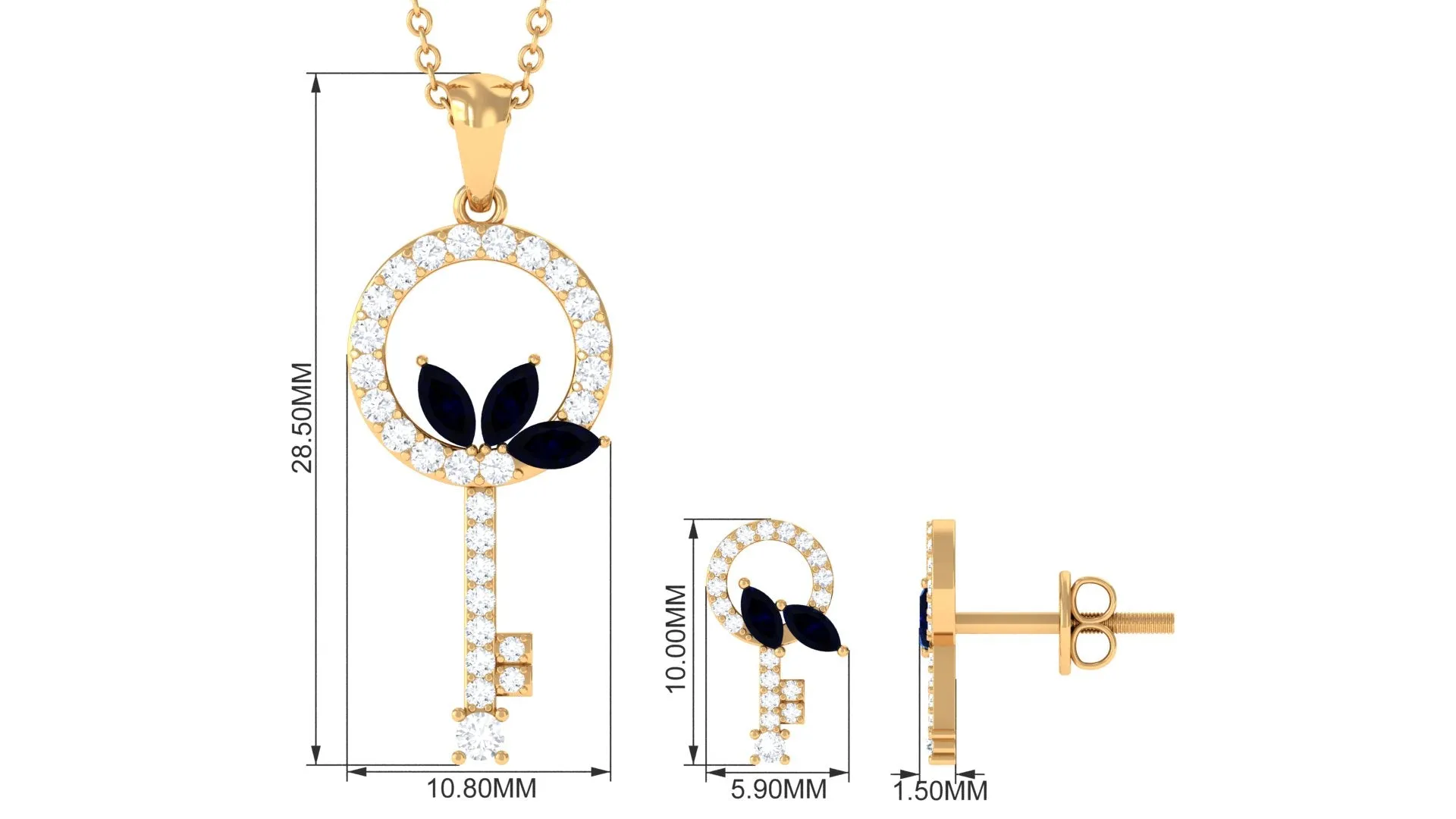 Marquise Cut Blue Sapphire and Diamond Key Pendant and Earrings