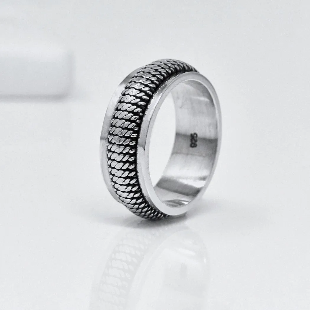 MENS 8MM Wide Braided Design Silver Spinner Ring