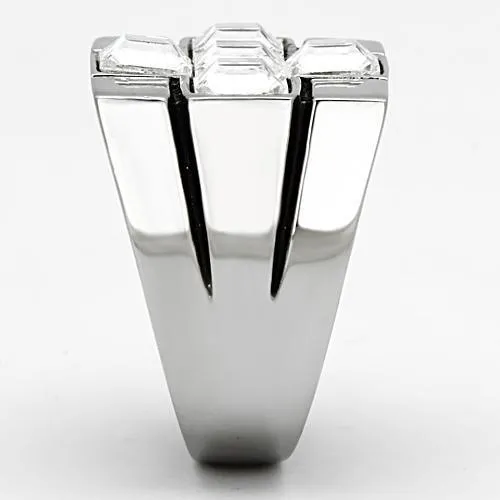 Mens Clear Cross Gem Silver Ring Stainless Steel