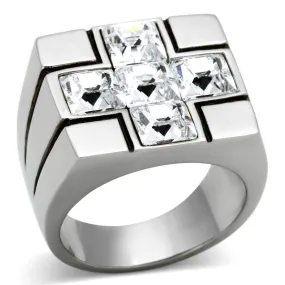 Mens Clear Cross Gem Silver Ring Stainless Steel