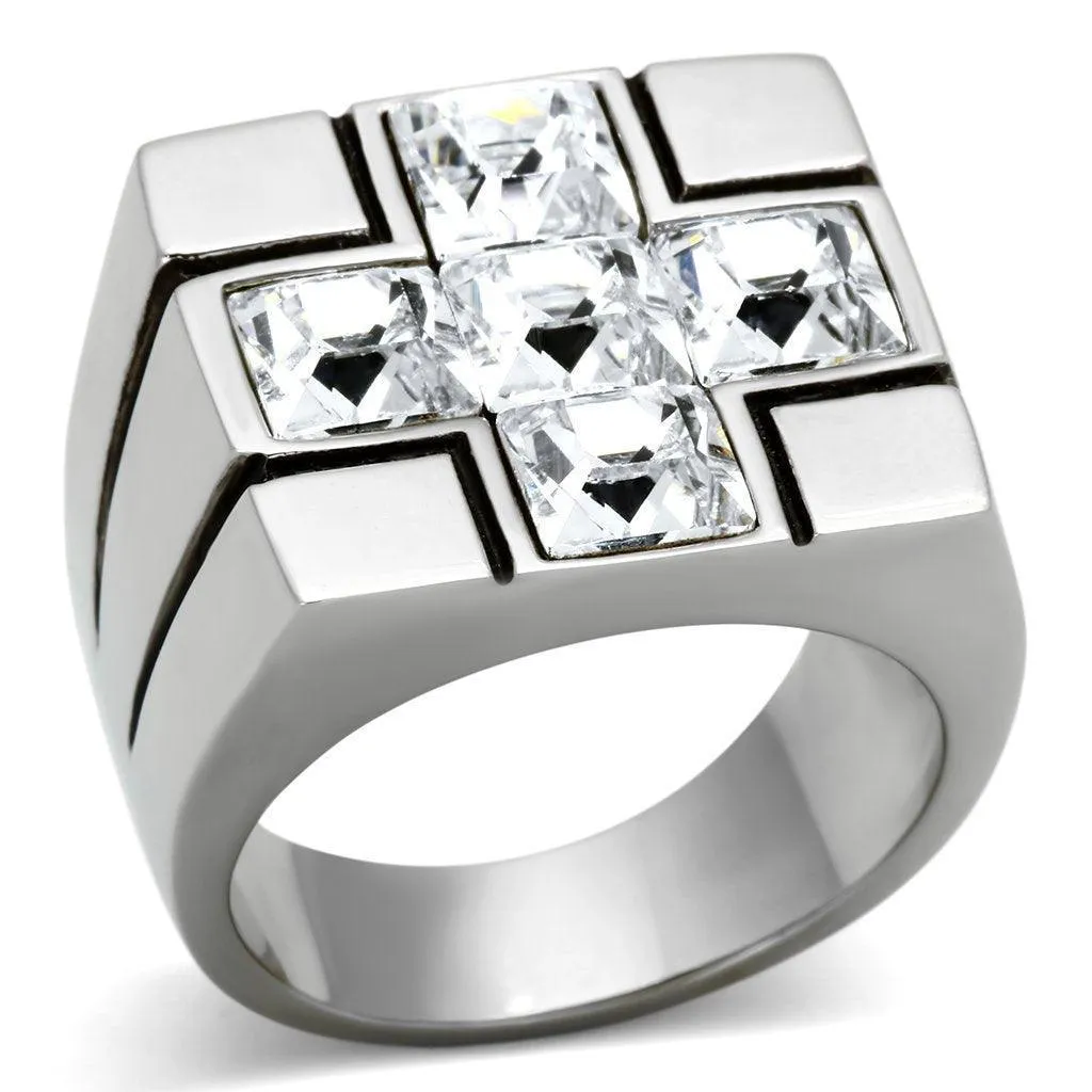 Mens Clear Cross Gem Silver Ring Stainless Steel