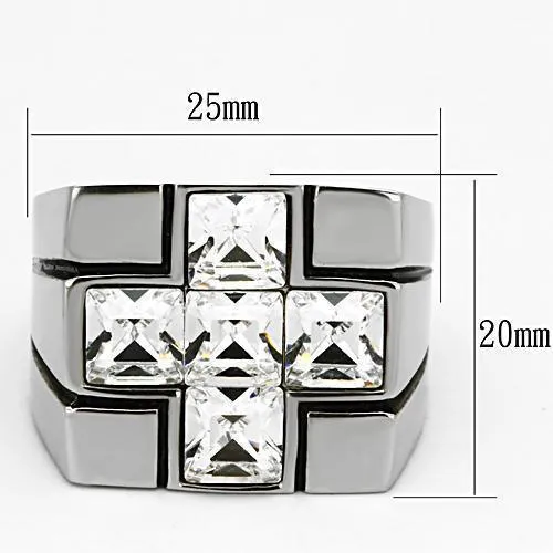 Mens Clear Cross Gem Silver Ring Stainless Steel
