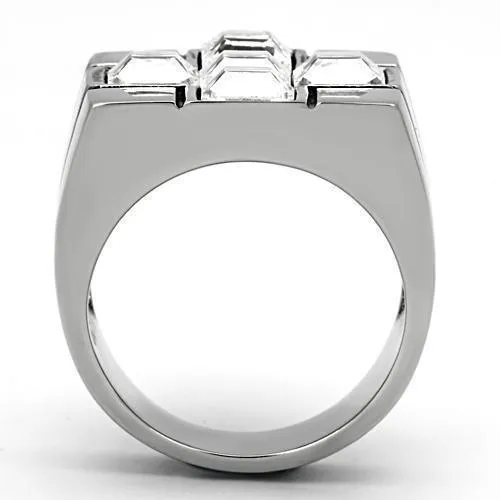 Mens Clear Cross Gem Silver Ring Stainless Steel