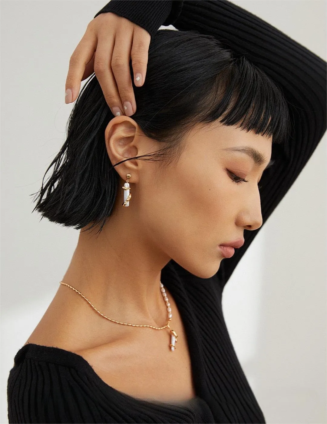 Metal Wrap Baroque Pearls Asymmetric Earrings