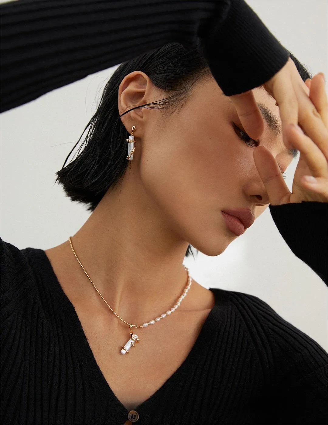 Metal Wrap Baroque Pearls Asymmetric Earrings