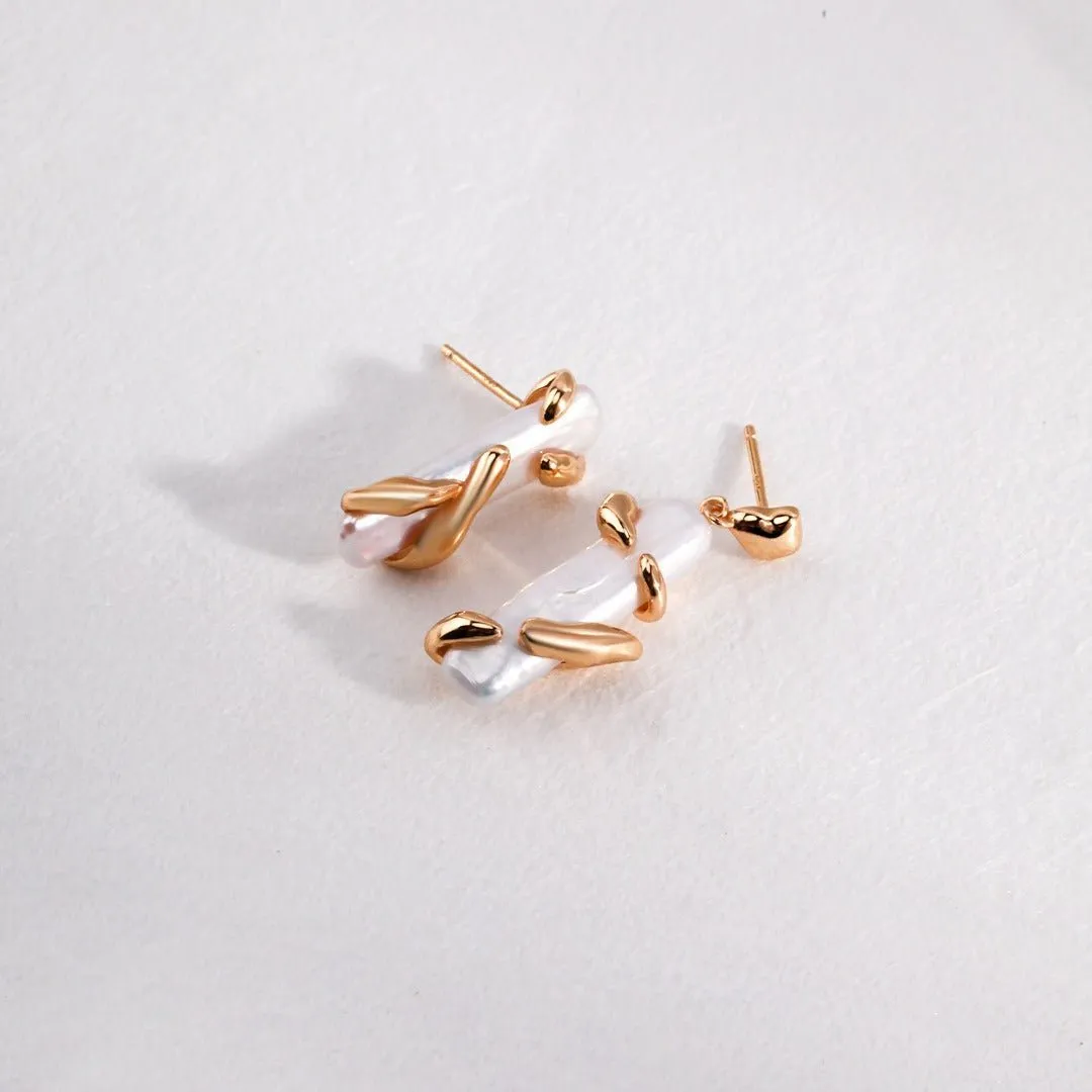Metal Wrap Baroque Pearls Asymmetric Earrings