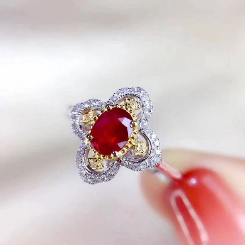New Gold Flower Pattern Ruby Gemstone Palace Adjustable Ring