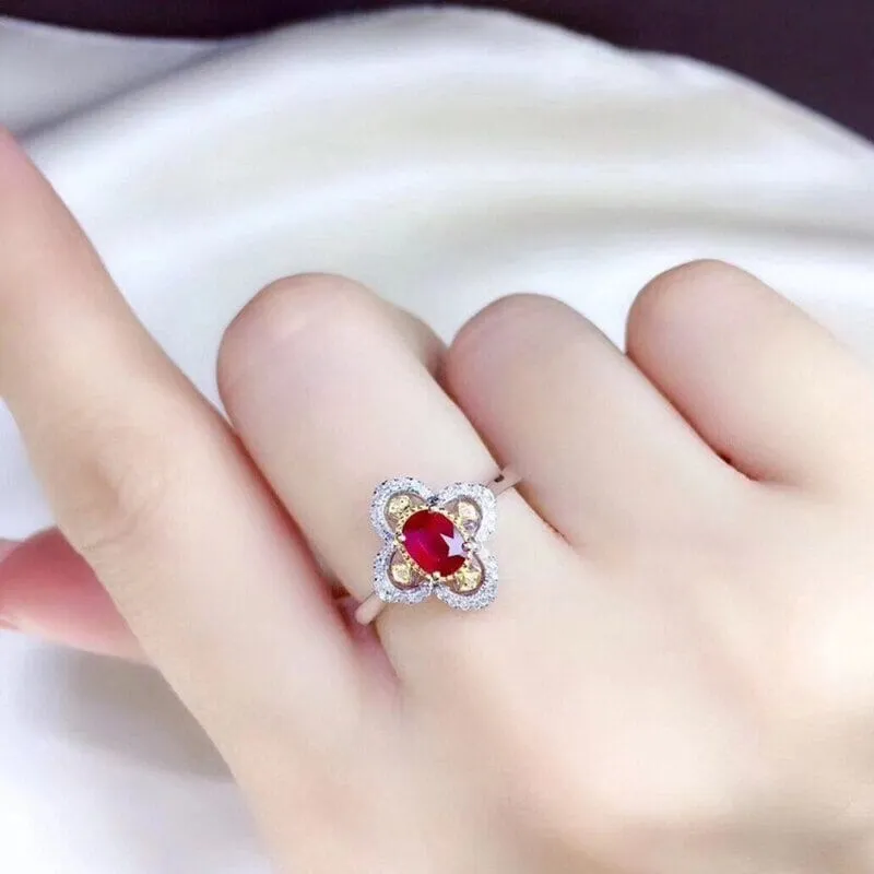 New Gold Flower Pattern Ruby Gemstone Palace Adjustable Ring