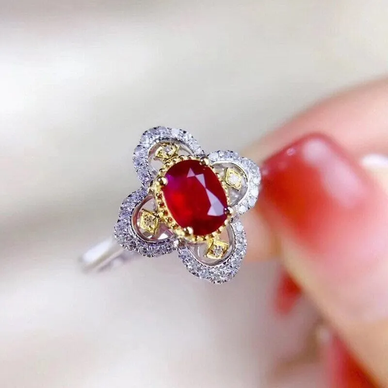 New Gold Flower Pattern Ruby Gemstone Palace Adjustable Ring