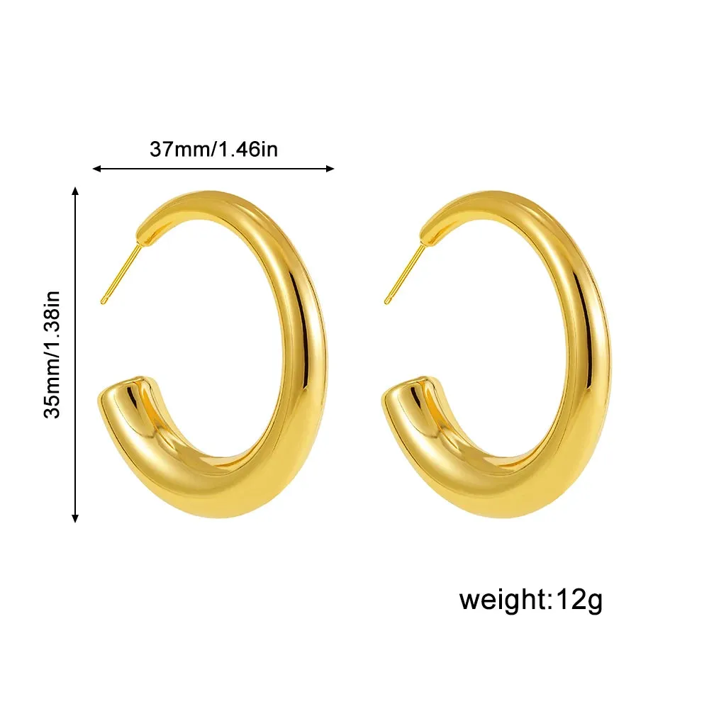 New Retro Stainless Steel Chunky C Shape Hoop Earrings Glossy Gold Plated PVD Circle Round Tube Huggie Hoops Stacked Ear Jewelry