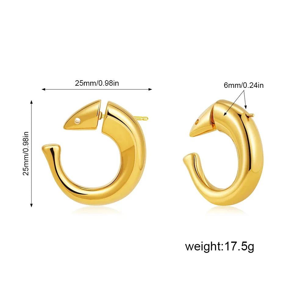 New Retro Stainless Steel Chunky C Shape Hoop Earrings Glossy Gold Plated PVD Circle Round Tube Huggie Hoops Stacked Ear Jewelry