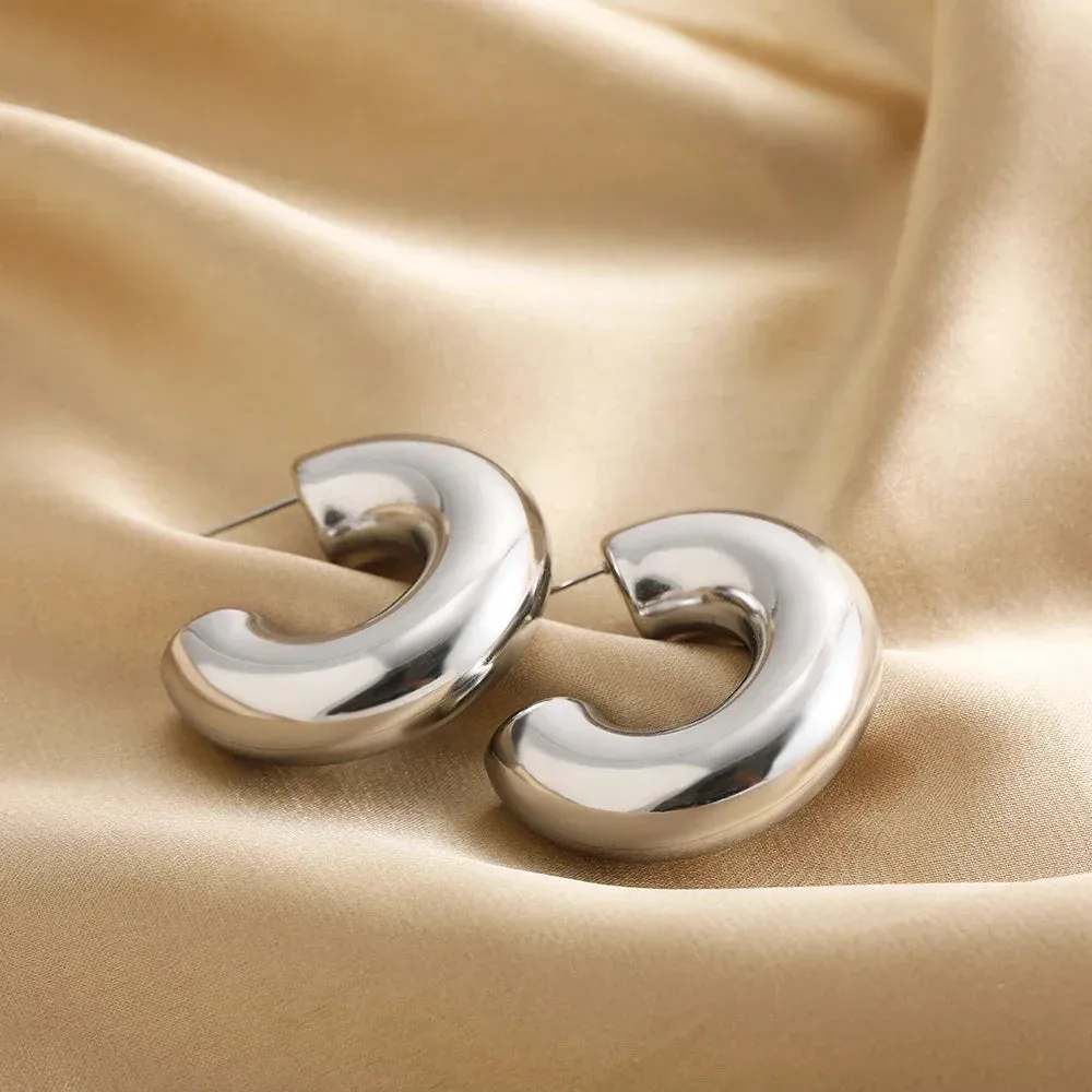 New Retro Stainless Steel Chunky C Shape Hoop Earrings Glossy Gold Plated PVD Circle Round Tube Huggie Hoops Stacked Ear Jewelry