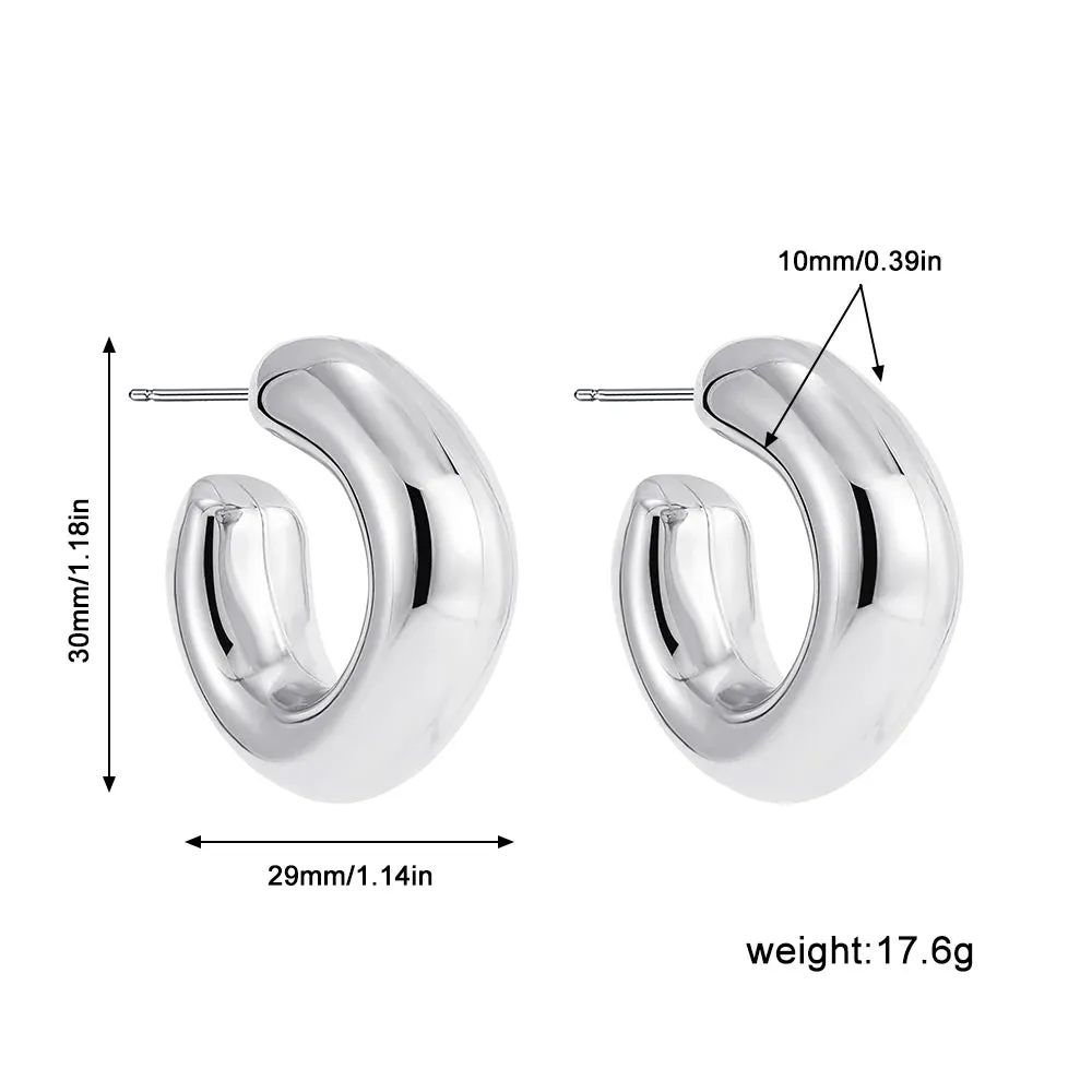New Retro Stainless Steel Chunky C Shape Hoop Earrings Glossy Gold Plated PVD Circle Round Tube Huggie Hoops Stacked Ear Jewelry